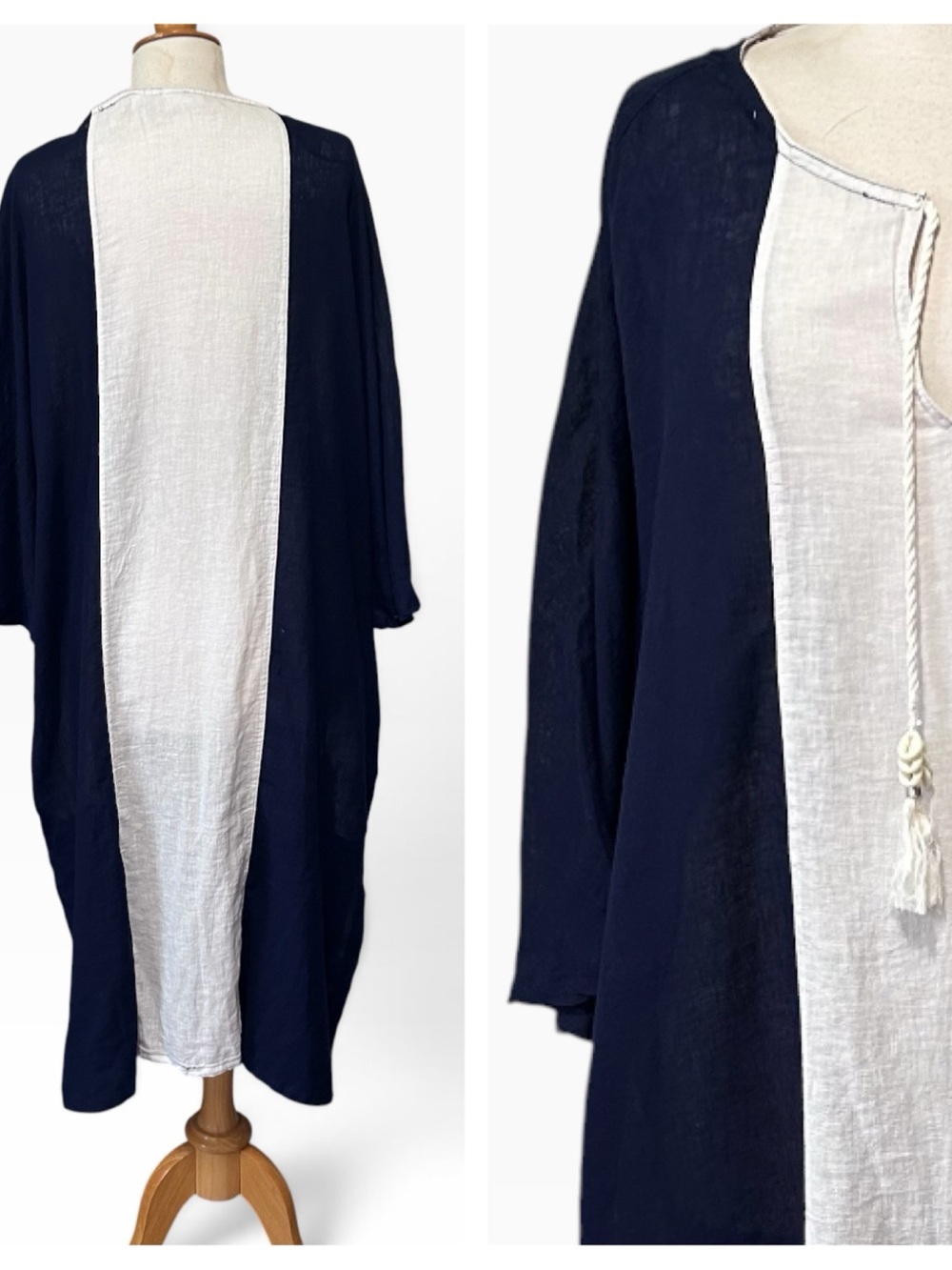 NWT Sigrid Olson Linen Blend Navy & Ivory Tunic Caftan Beach Cover-up - XL - Picture 4 of 10